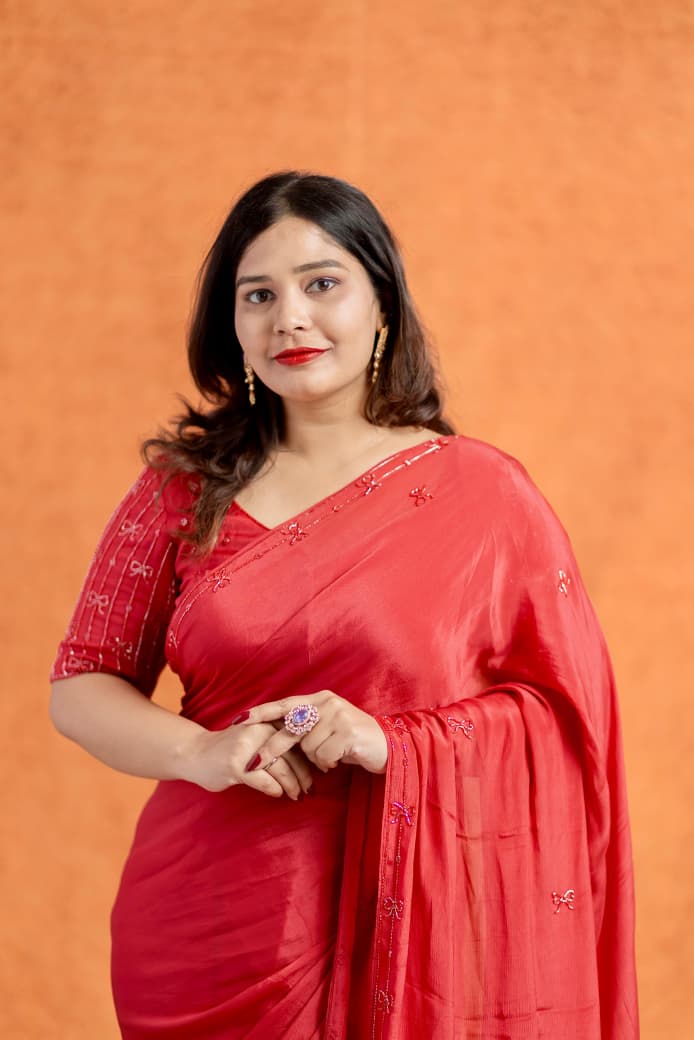 Elegant Red Embellished Organza Saree